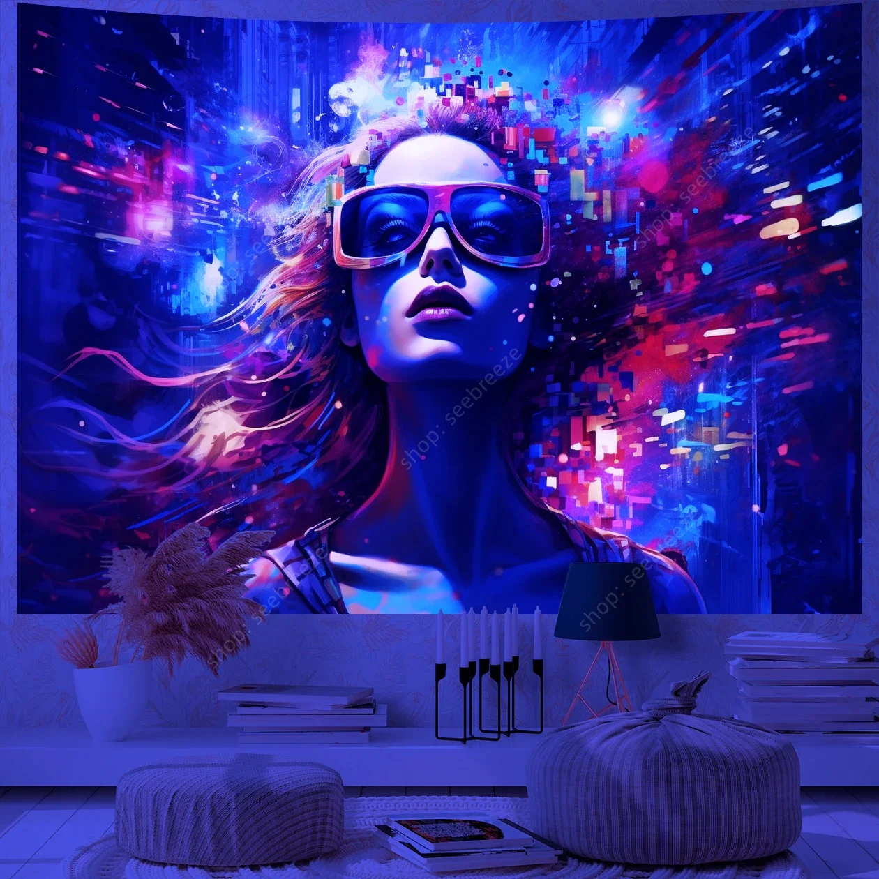 Cool Cyberpunk Woman UV Reactive Tapestry Psychedelic Art Mystic Kawaii Room Decor Mandala Yoga Mat Picnic Carpet Beach Towel