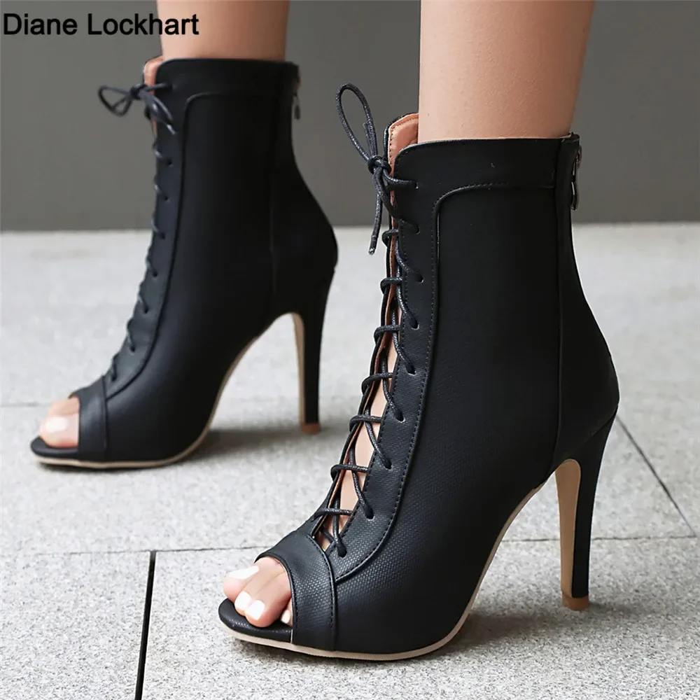 

2025 Spring Summer New Women's Black Party Boots Sexy Fish Mouth Stilettos High Heels Footwear Zip Women Dance Heels Shoes 33-46