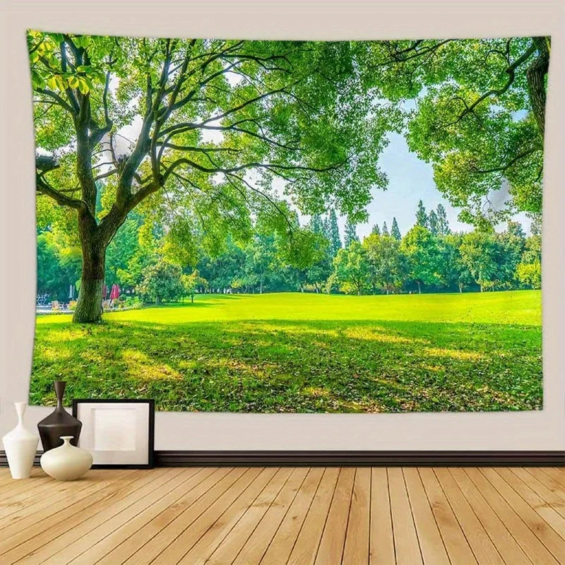 Green Park Lawn Big Tree Sunlight Nature Tapestry 2D Flat Printing Wall Hanging Backdrop for Living Room Bedroom Decor Fresh Art