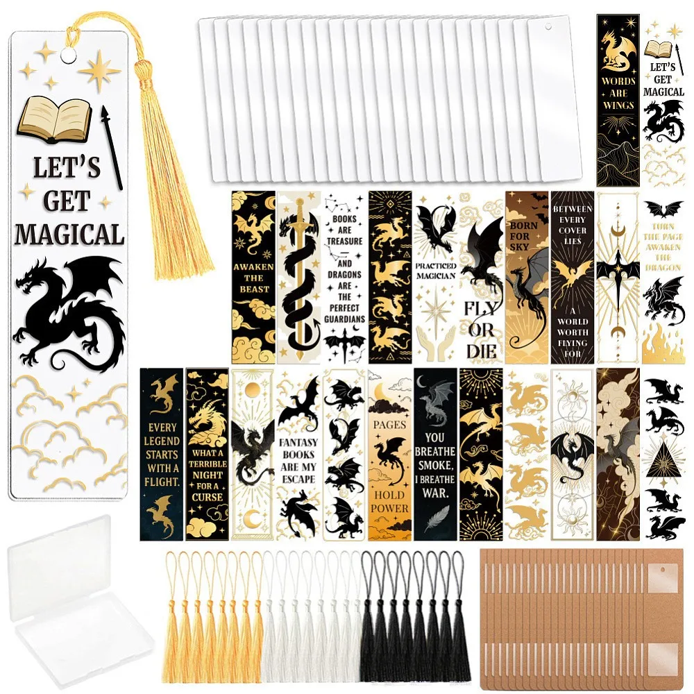 DIY Rechteckiges Lesezeichen-Set mit Drachen-Motiv, Inklusive Kunststoff-Transferfolie, Aufkleber und Acryl-Lesezeichen-Anhänger