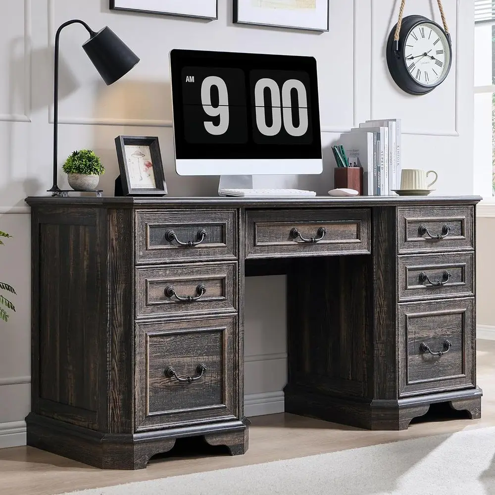 

Письменный стол Executive Desk 59 с ящиками, выдвижной полкой для клавиатуры, зарядной станцией, ящиком для документов и шкафом для хранения для домашнего офиса и кабинета в стиле рустик