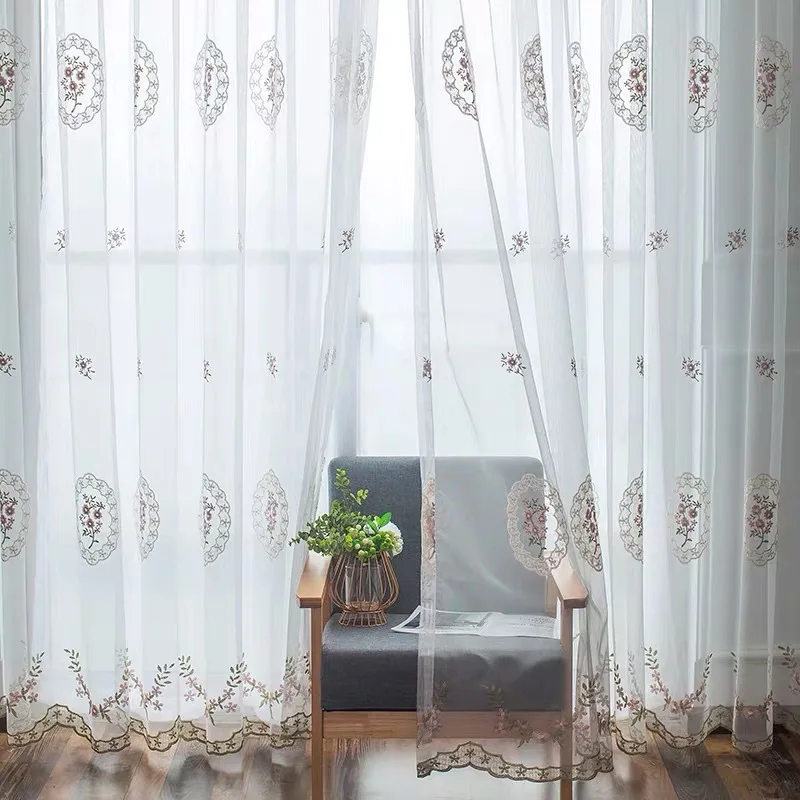 Pastoral Pink Flowers Sheer Tulle Embroidered Curtain Balcony Curtains For Living Room Bedroom Windows Blue Fabric Voile Darpes