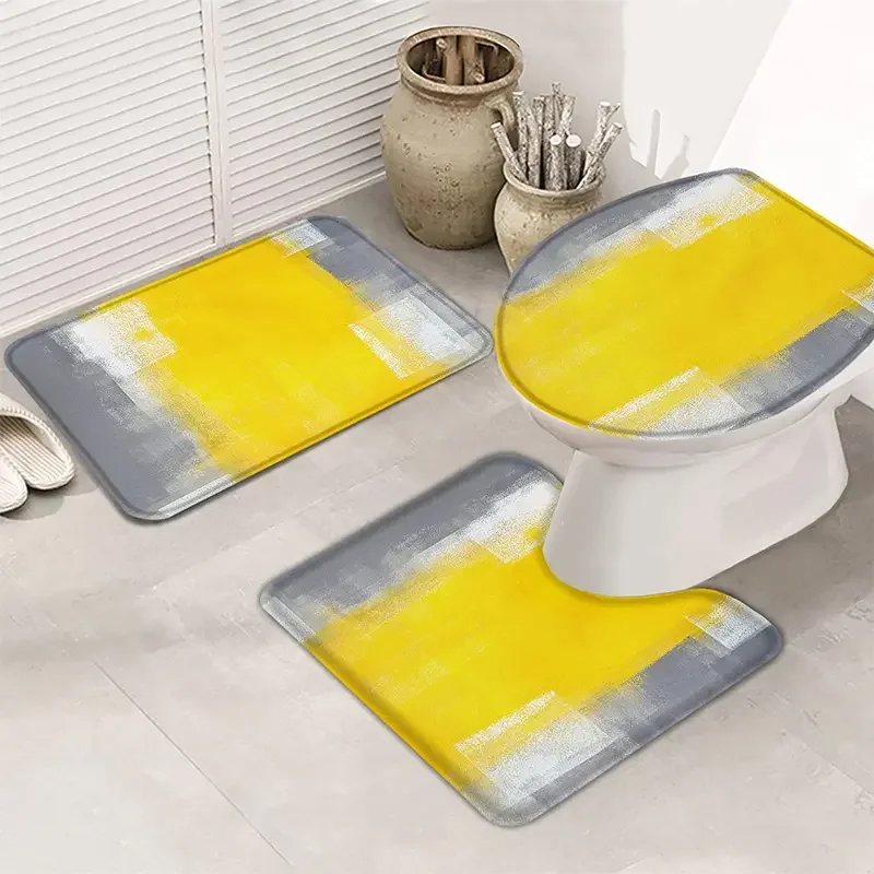 Bath Mat 3 Piece Bathroom Rug Sets Abstract Geometry Yellow Gray Painted Art Pattern Bath Rug Contour Mat and Toilet Lid Cover