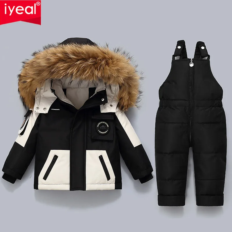 IYEAL Winter Hooded Down Jacket Warm Kids Coat Children Snowsuit Snow Toddler Girl Parka Real Fur Clothing Baby Boy Overalls