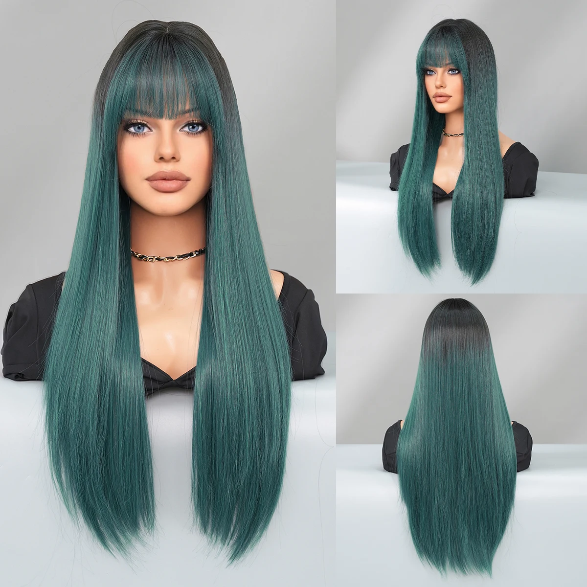 

PARK YUN Layered Wig Synthetic Green Top Dyed Black Wig for Women Cosplay High Density Black Wavy Wigs with Fluffy Bangs