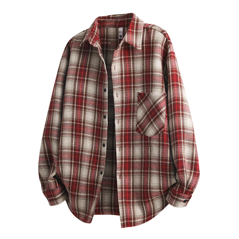 Black White Plaid Brushed Shirt Men's Korean Casual Couple Top