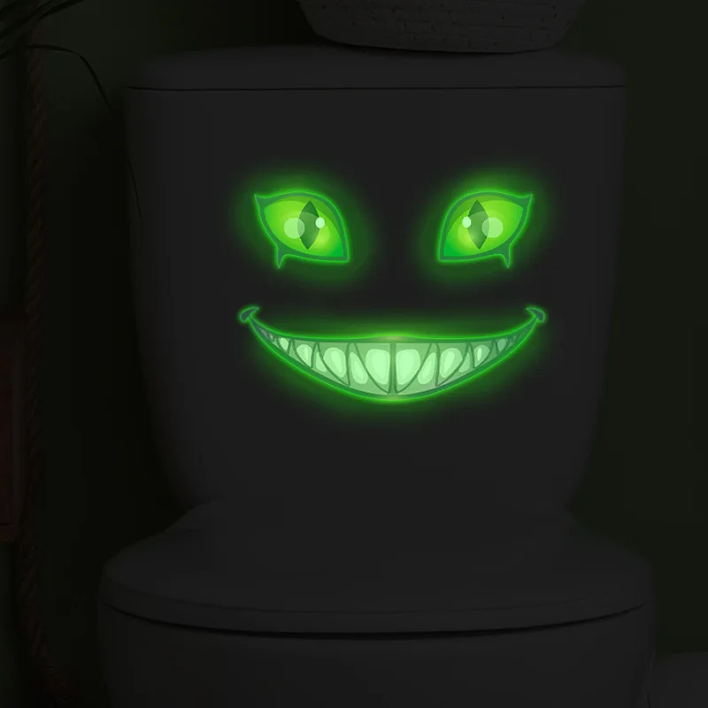 Glow In Dark Green Evil Grinning Face Toilet Decal, Scary Fanged Monster Eyes Sticker, Spooky Prank Bathroom Party Decor