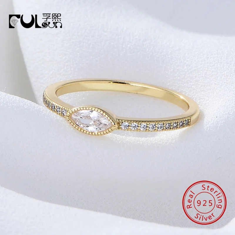 925 Sterling Silver Multi Tone Marquise Clear Zircon Halo Half Pave Thin Stackable Solitaire Band Ring Dainty Jewelry Gift