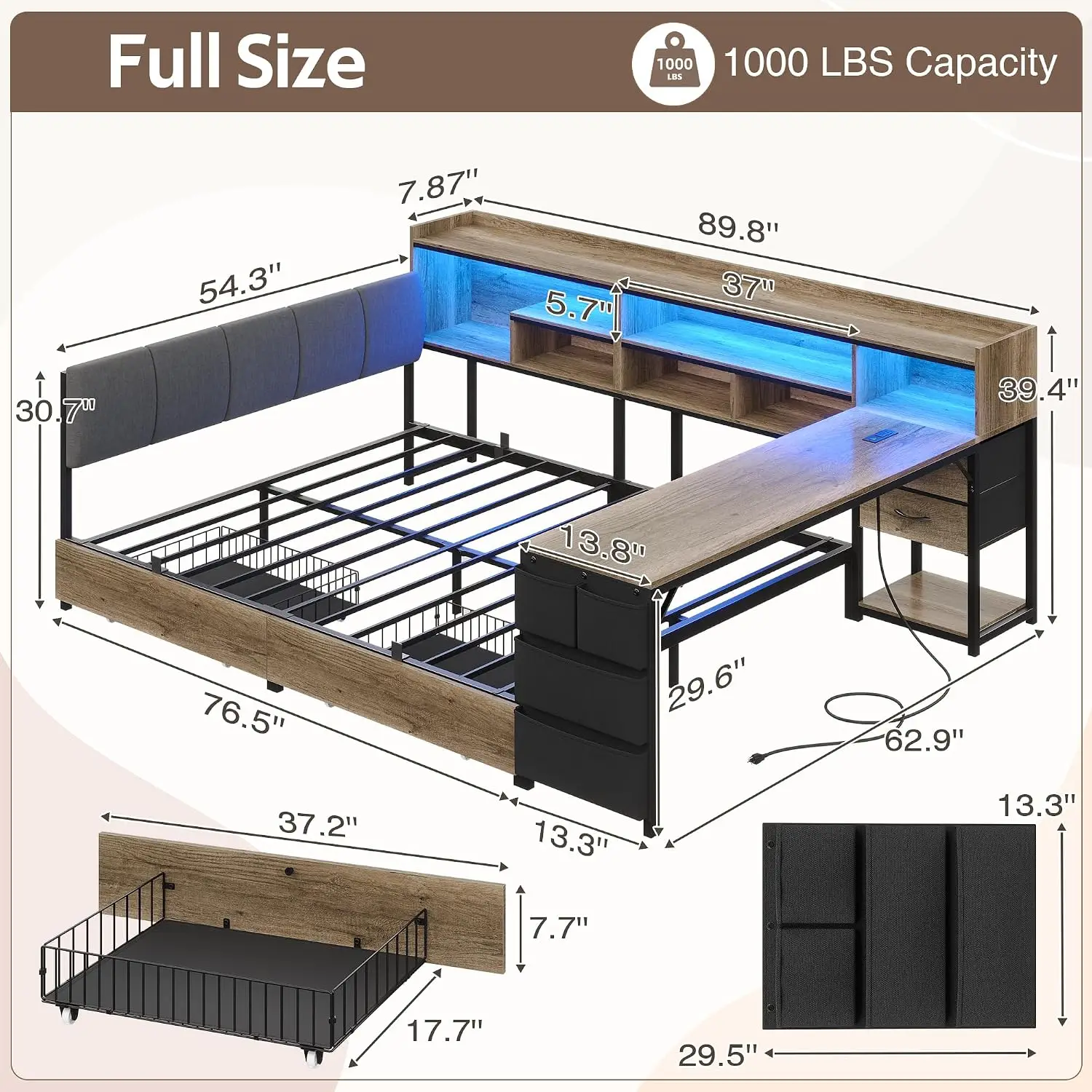 Space-Saving Corner Full Bed Frame with Storage & Desk, Oak Gray, Customized