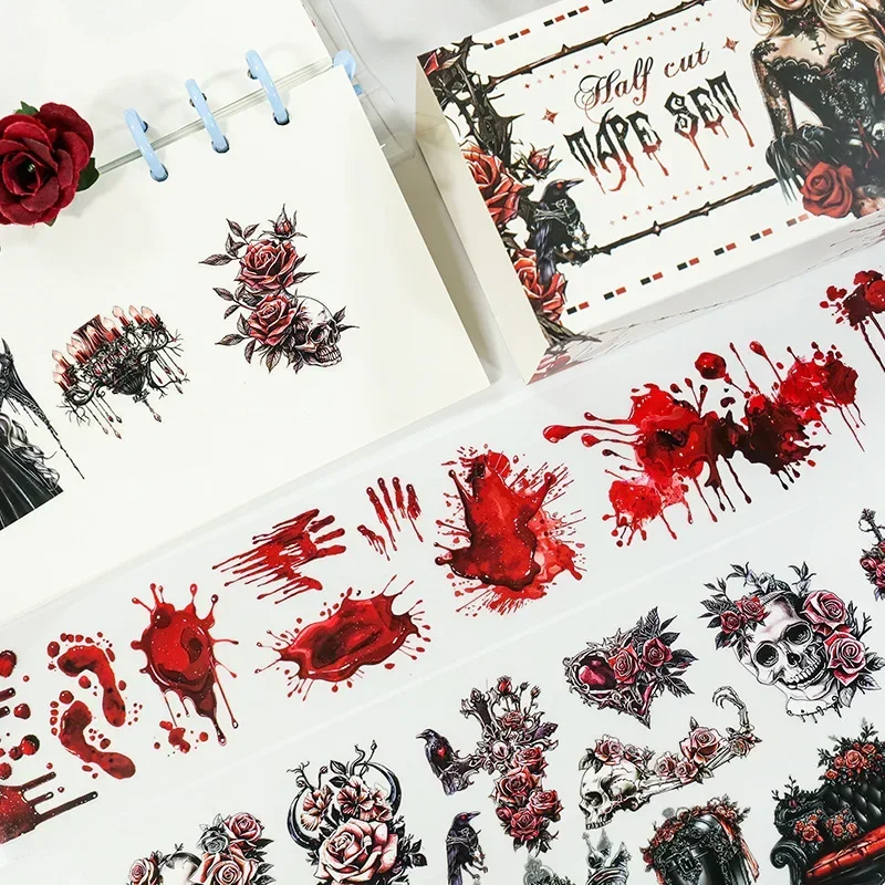 Ruban de masquage décoratif Halloween Girl l'horloge, rose rouge, autocollants décoratifs, scrapbooking, journal esthétique, papeterie, ensemble de 4 rouleaux