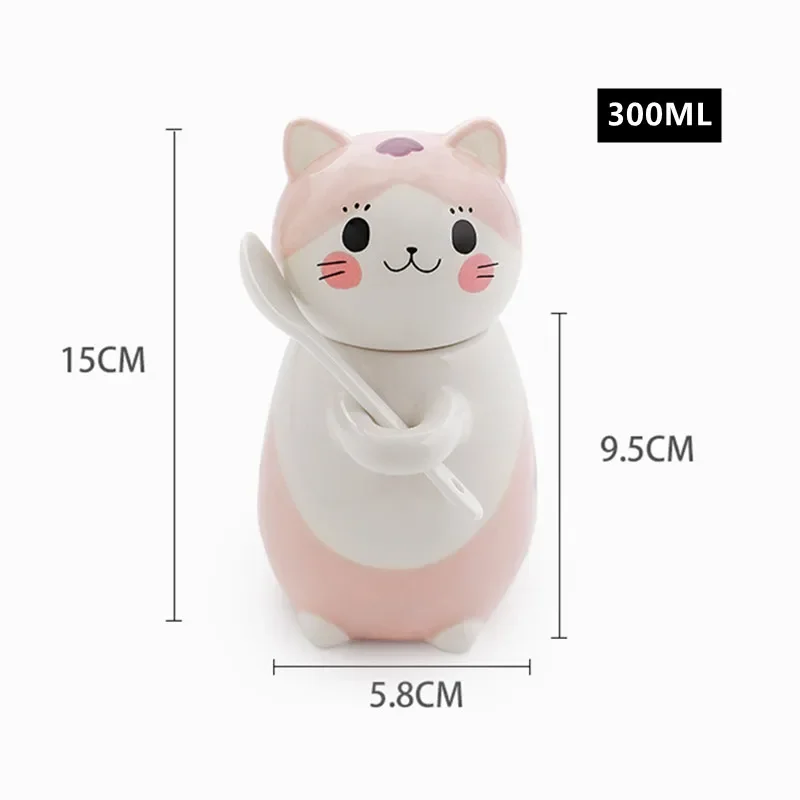 300ml Cute Cat Ceramics Mug With Spoon and Lid Creative Hand Painted Coffee Milk Tea Cups Novelty Gifts