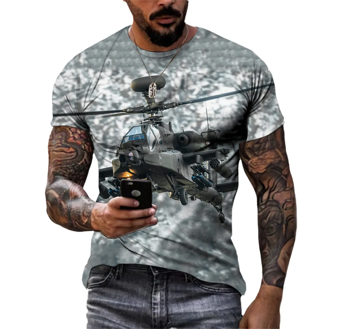 Apache Gunship New Summer Muscular Tough Guy Men\'s T-shirt Street Fashion Short Sleeve Army Fan Outdoor Quick Drying 3d Blazer