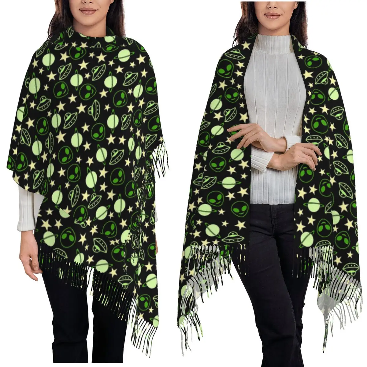 

Чужой космический корабль с планетами и звездами, шарф с кисточками, шарфы для женщин, мягкие теплые шали и накидки, длинная осенне-зимняя шаль, накидка