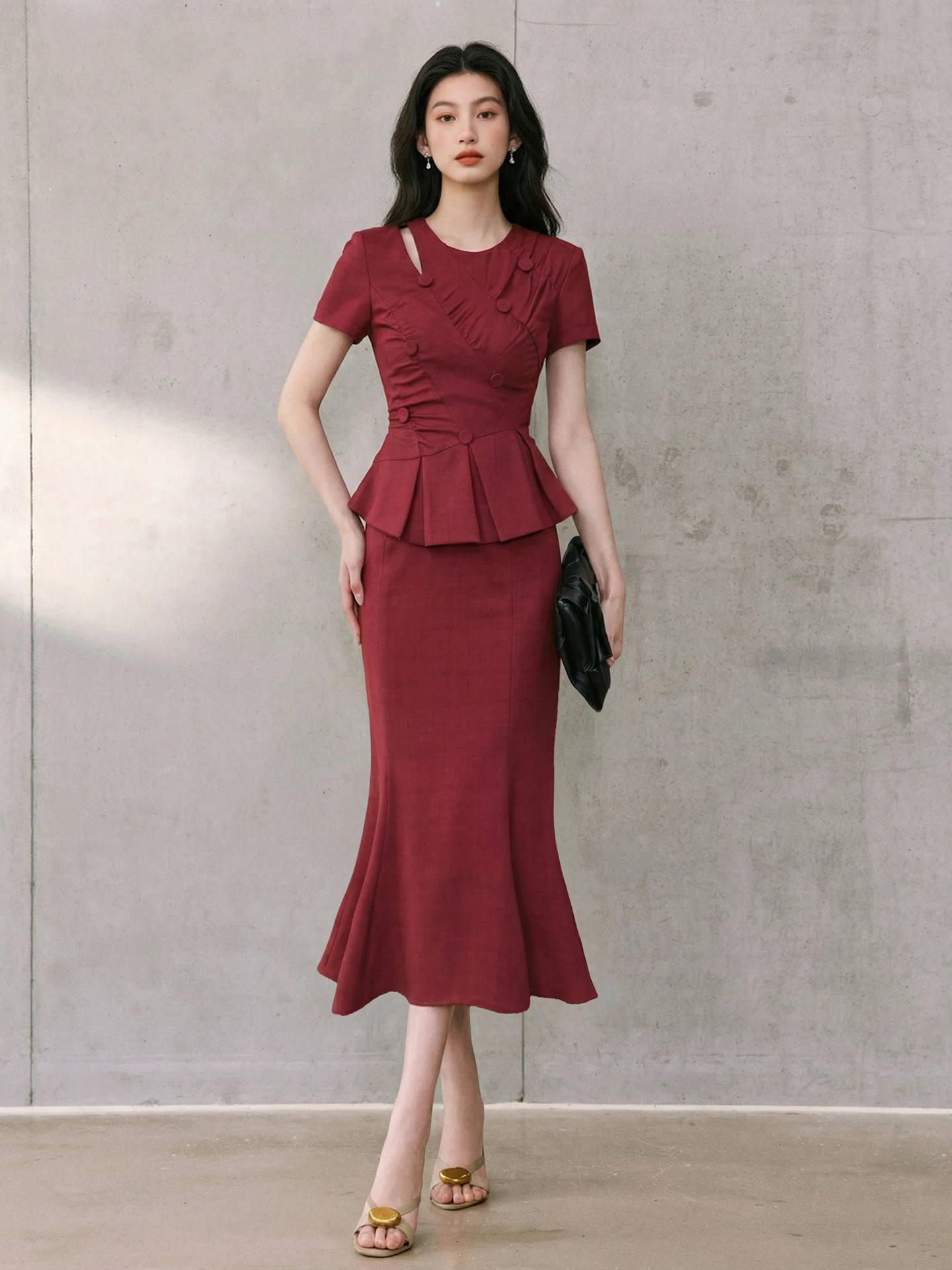 

Elegant Red Slim Fit Set Dress for Women Romano Bay Wedding Gown High Waist Short Sleeve Spring Fashion Two Piece Suit