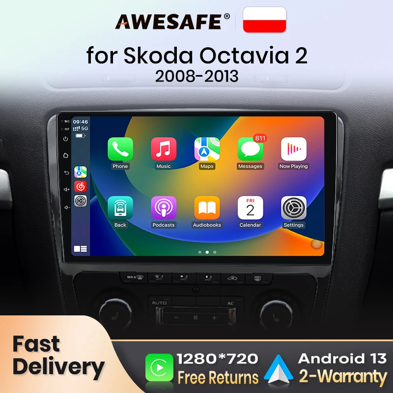 AWESAFE Wireless CarPlay for Apple Android 13 Auto Radio for Skoda Octavia 2 A5 2008-2013 Multimedia
