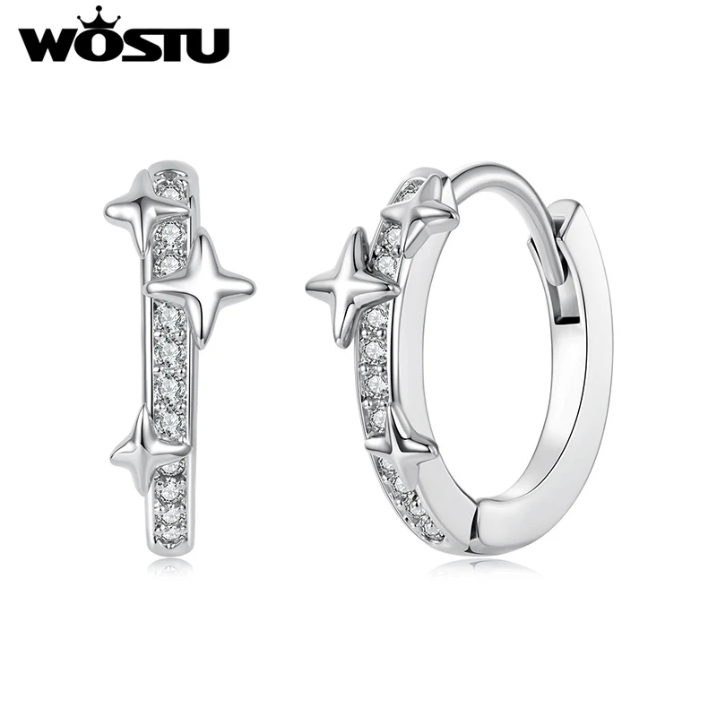 WOSTU Top Quality Star Huggie Earrings with 925 Silver Needle, Wedding Zircon Hoop Earrings Hypoallergenic Party Daily Wear Gift