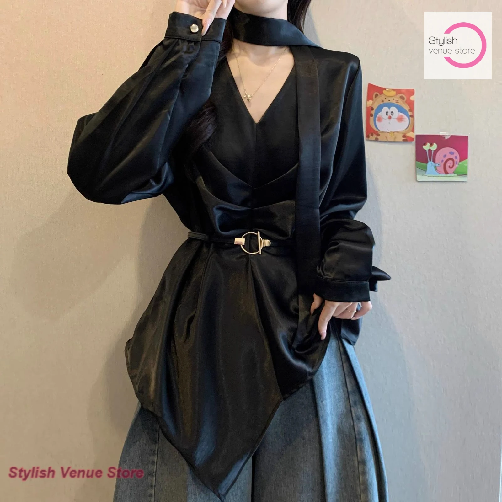 

French advanced acetic acid satin ribbon V-neck long-sleeved shirt women's spring and summer new plus size casual waist jacket