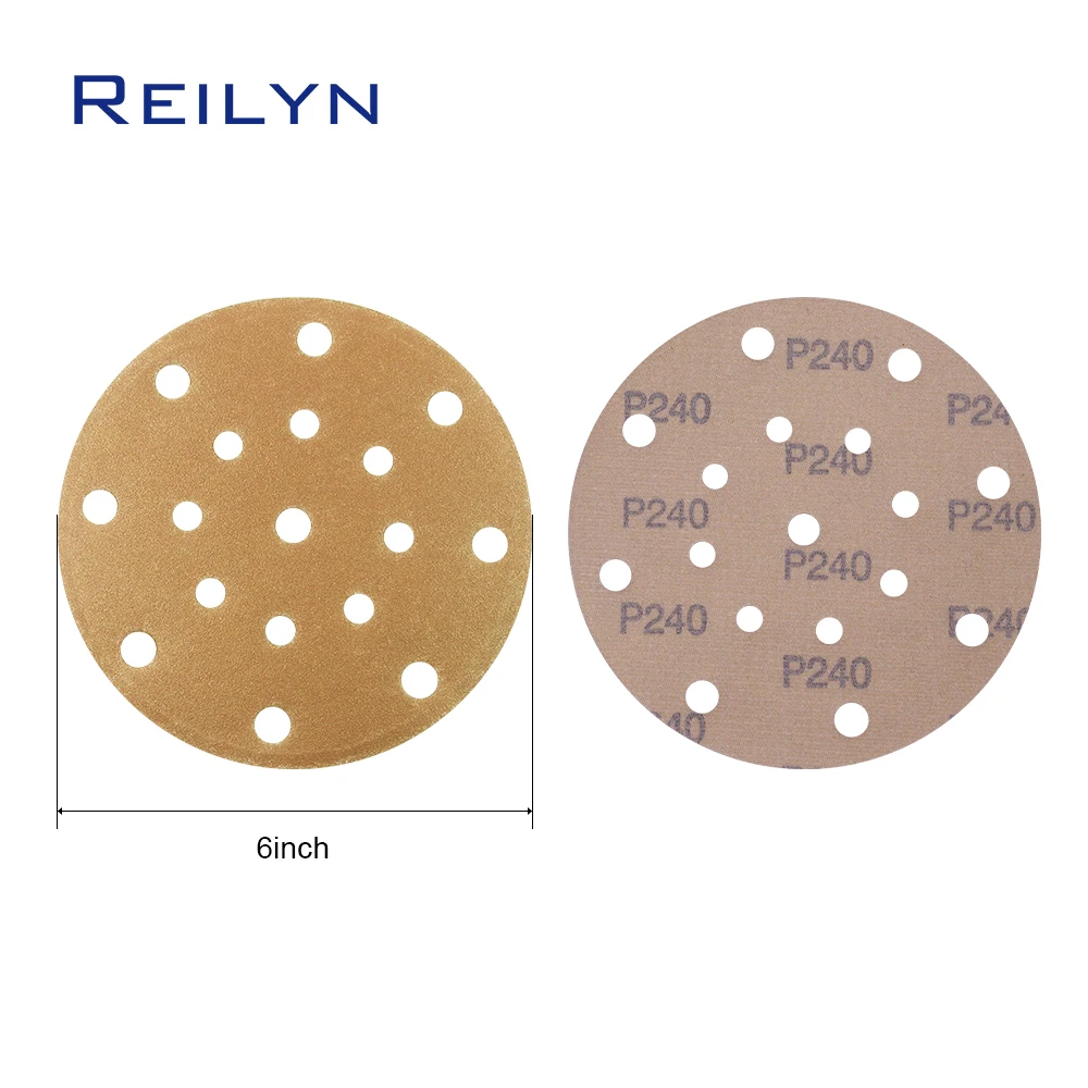 10pcs 6inch 17 holes Yellow Sand Paper 150mm Flocking Sand paper tray Polishing Pad Self-adhesive Loop Backing Polishing Disc