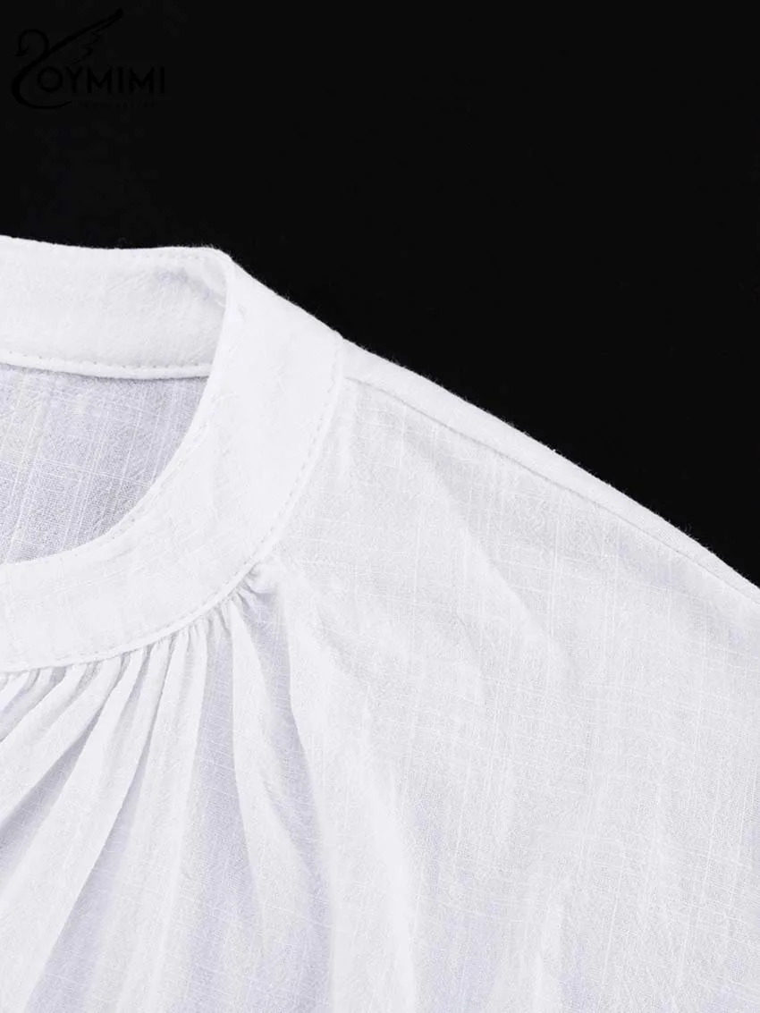 Oymimi Elegant White Cotton 2 Piece Sets Women Outfit Fashion Wrist Sleeve Lace-Up Blouse And High Waist Pleated Shorts Sets