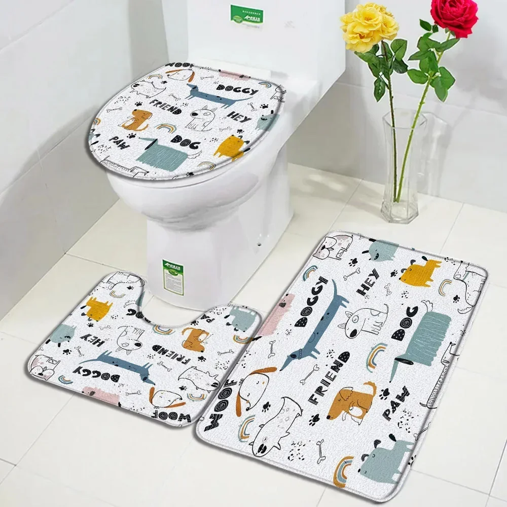 Cartoon Dinosaur Bath Mat Set Funny Animals Tropical Plant Coconut Tree Cactus Kids Carpet Bathroom Decor Floor Rug Toilet Cover