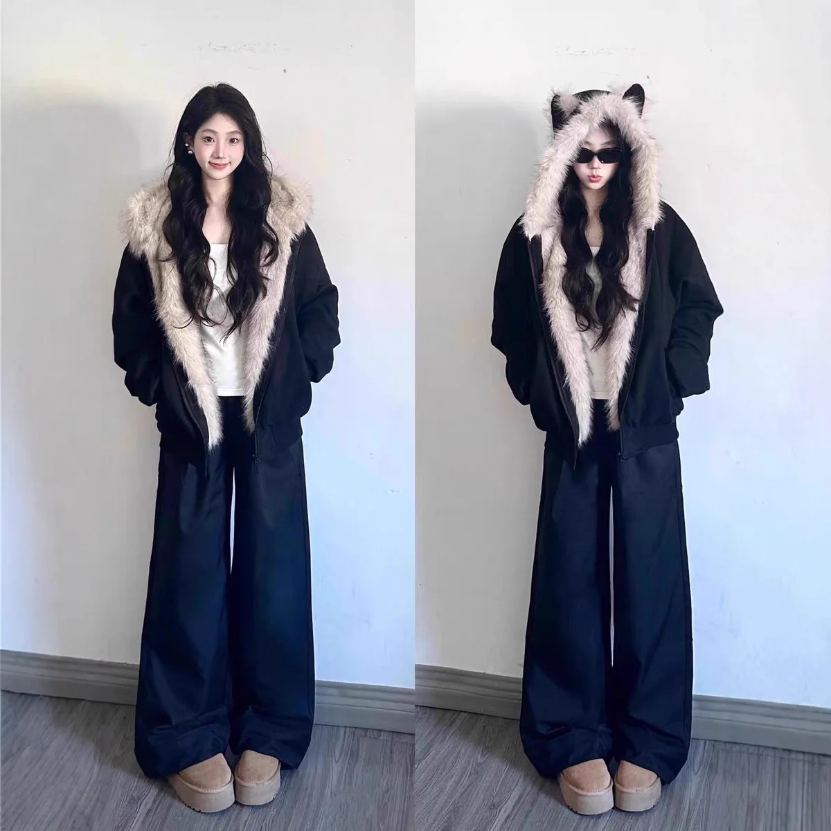 겨울 신상 우아한 라이너 퍼 루즈 코트 여성 Y2K 퍼 칼라 후드 두꺼운 패션 파카 캐주얼 아우터웨어 면 패딩 재킷