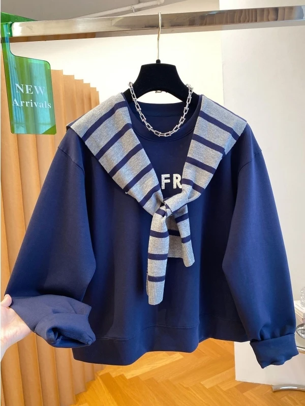 

plus Size 300 Pou Ma Cotton Long Sve round Ne Sweatirt Stripe oulder Wrap ex Autumn Winter Two Piece Set