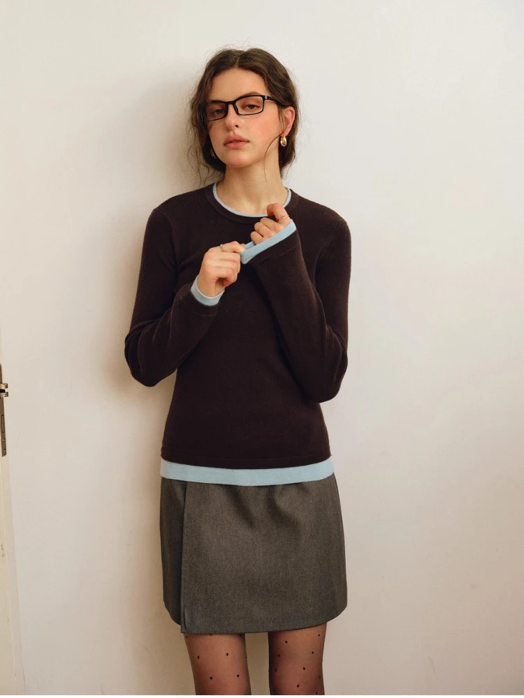 

OLrain женские футболки контрастного цвета, осень 2024, тонкие простые повседневные вязаные женские топы с круглым вырезом и длинными рукавами O57QM001339