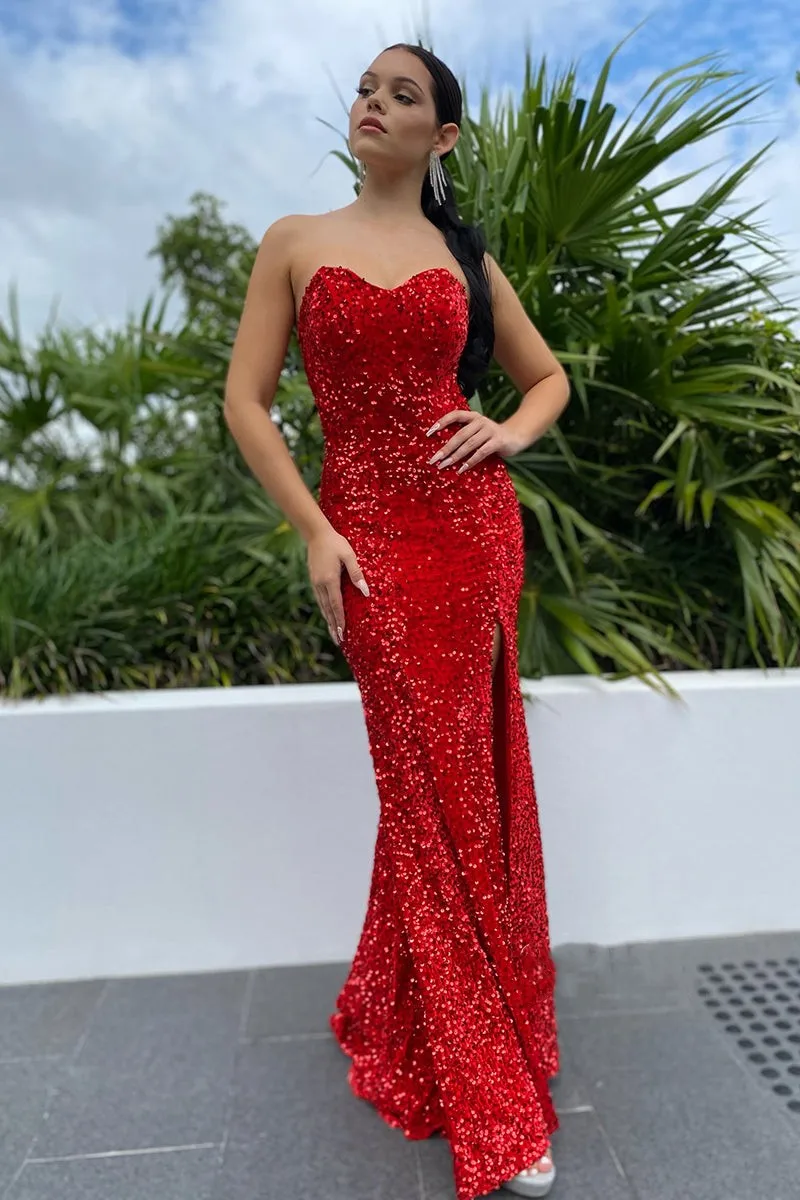 Red Evening Dresses Mermaid Sequined Sparkly High Slit Sexy Formal Party Backless Corset Wedding Prom Gowns Custom made