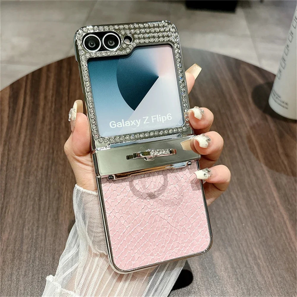 

Luxury Leather Glitter Diamond Finger Ring Bracket Case for Samsung Galaxy Z Flip 6 5 4 3 Fold Hinge Case for Samsung Z Flip 6 5