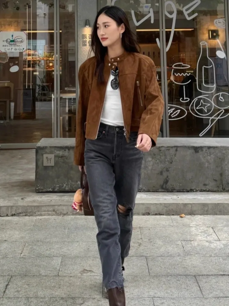 Streetwear Women Vintage Sheepskin Suede Motorcycle Jacket Stand Collar Genuine Leather Short Coat Zipper New Casual Outerwear