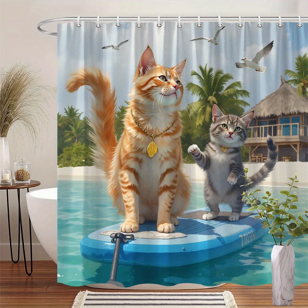 1pc 2D Flat Shower Curtain, Orange Gray Cats Paddleboard Palm Trees Thatched Hut Printed Shower Curtain, Decor for Bathroom