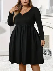 Moda damska Plus Size, z długim rękawem, na co dzień, z dekoltem w kształcie litery V, karbowanym, jednokolorowym, bez nadruku