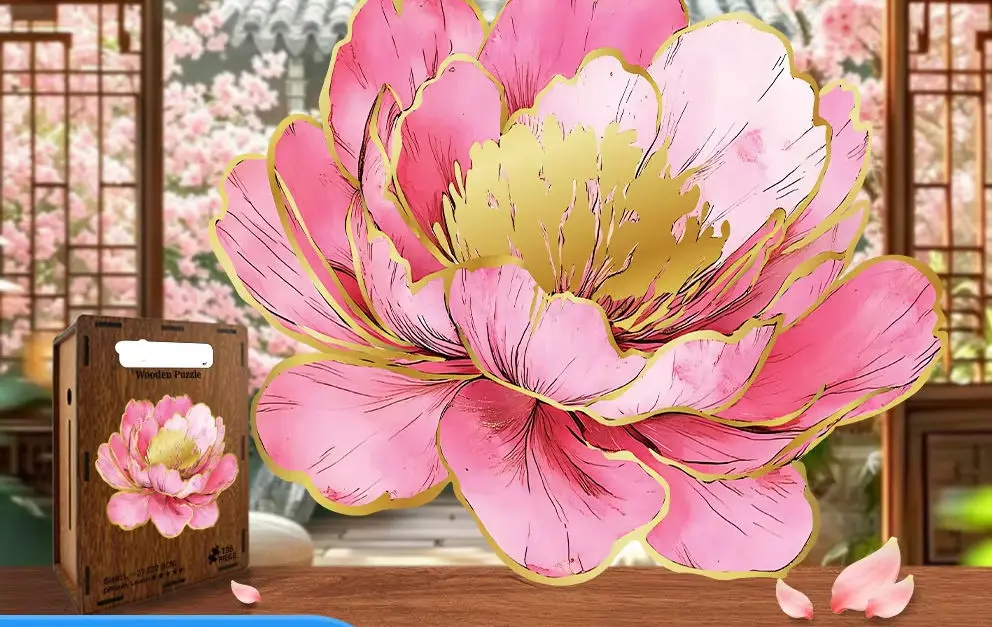 Peony Shaped Wooden Puzzle Piggy Bank, Hard Difficulty Irregular Jigsaw, Adult DIY Assembly Puzzle Art Ornament Special Fes