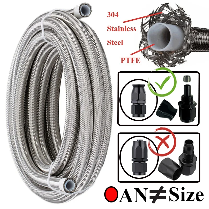 Manguera de freno de PTFE trenzada de acero inoxidable 304, manguera de enfriador de aceite y combustible, AN3, AN4, AN6, AN8, AN10, 1M/2M/3M/5M