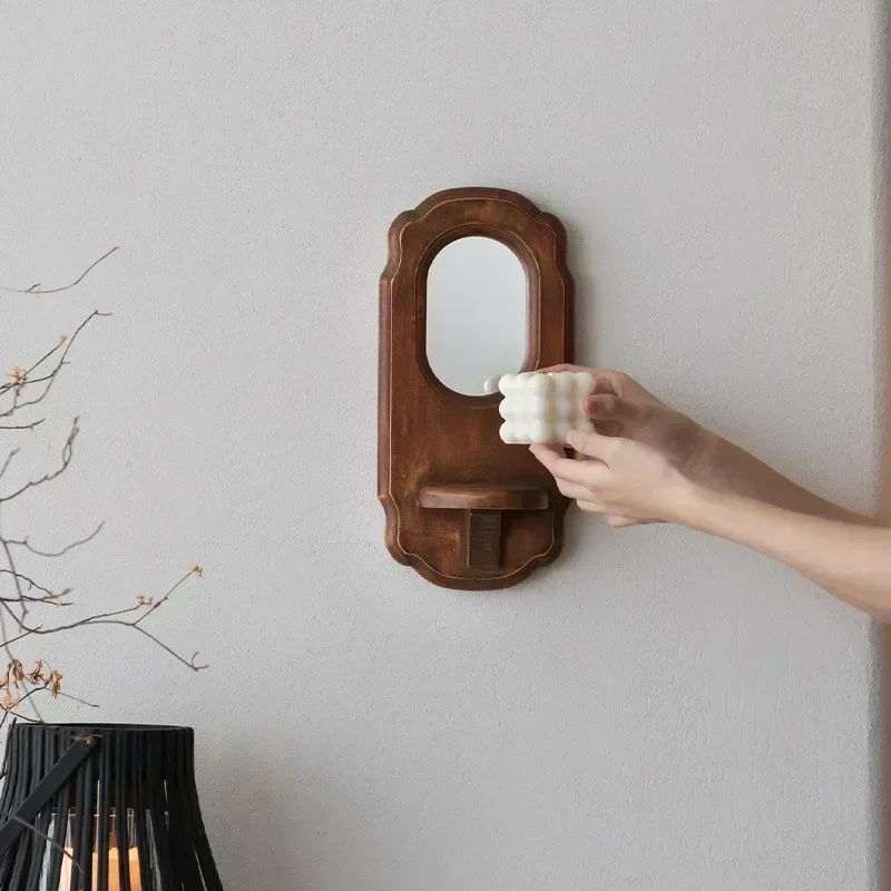 Wall Decor Candle Holders Solid Mango Wood Metal Candle Holder Mirror Retro Nostalgic Living Room Aromatherapy Candlestick
