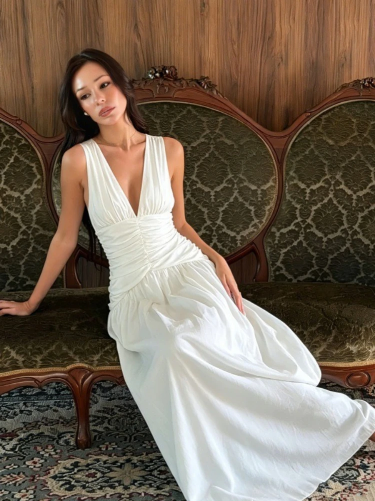 

Chic V-neck Sleeveless High Waist Tunics Evening Dress White Black Women's Summer Ruched A-line Long Maxi Vacation Party Dresses