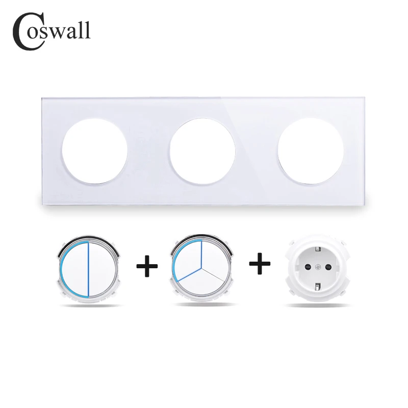 COSWALL Glass Panel LA Series White DIY Module On / Off Wall Light Switch With Blue Large Aperture Backlight Pulse Push Button