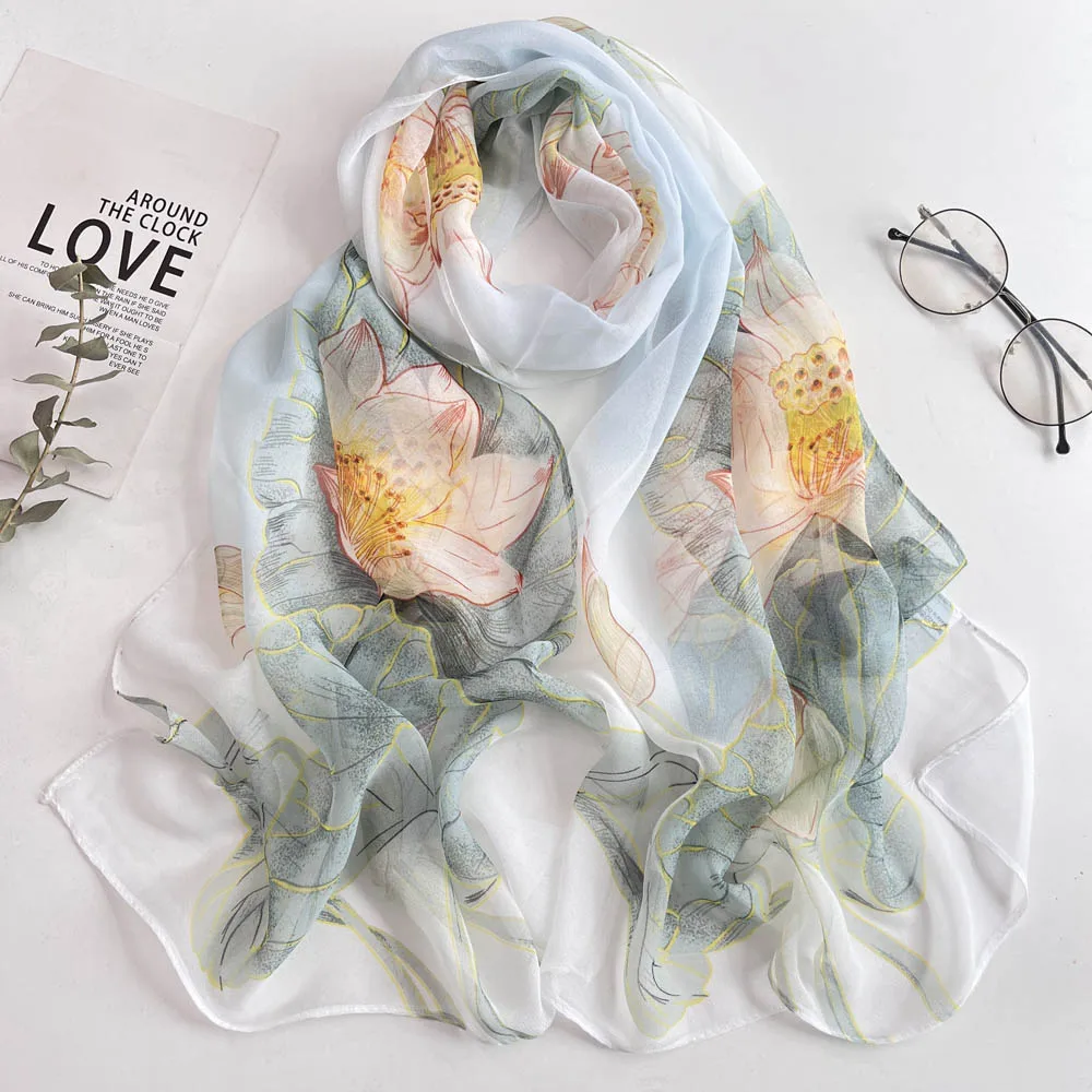 Gradient Lotus Print Scarf Pretty Women Elegant Chiffon Georgette Bandana Scarf Summer Beach Sunscreen 50*160cm