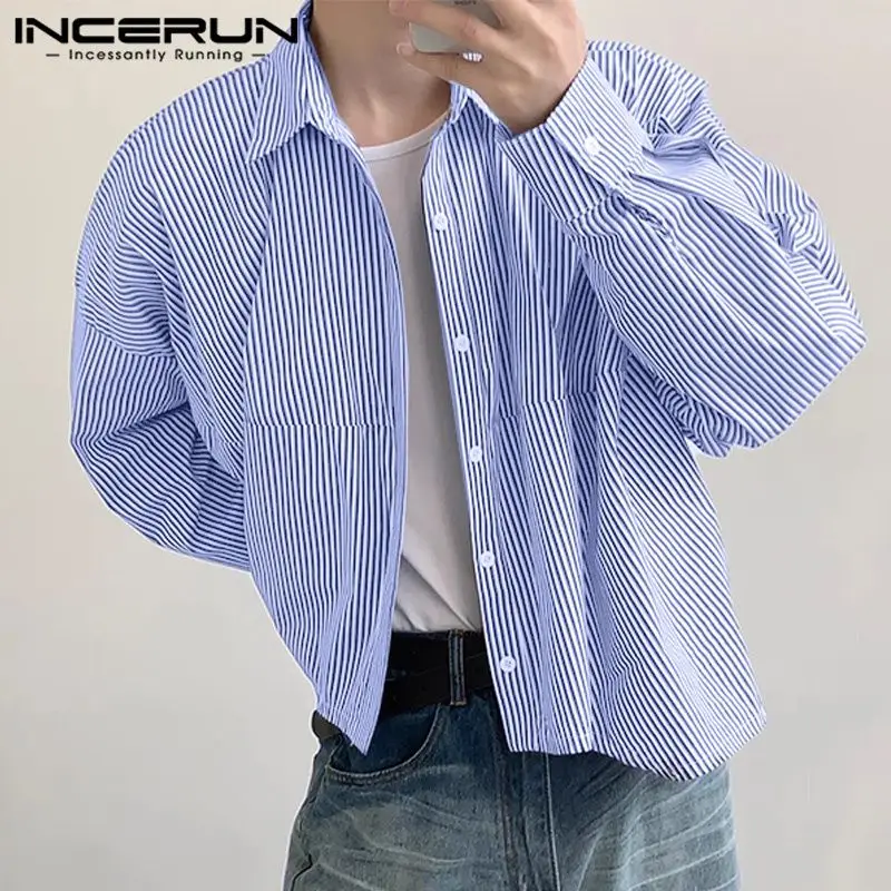 INCERUN Tops 2024 Korean Style Handsome Men\'s Simple Thin Stripe Design Shirts Casual Streetwear Lapel Long Sleeved Blouse S-5XL