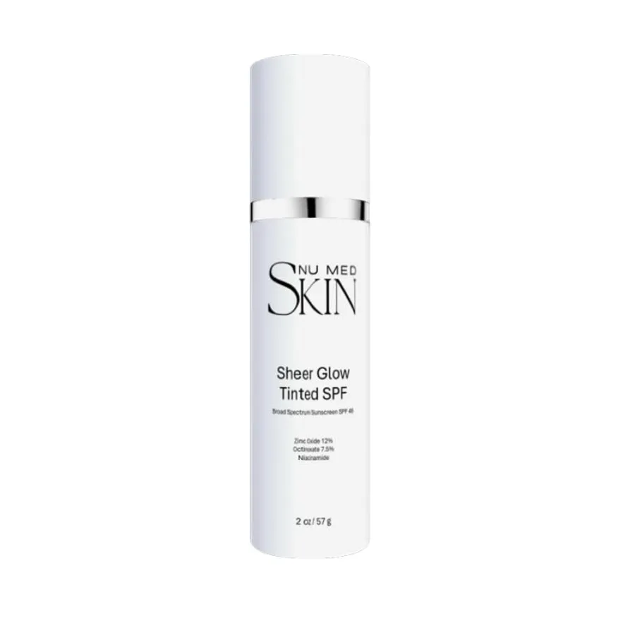 

Sheer Glow Tinted SPF 48 for daily wear, lightweight silicone-based formula, soft nude tone, non-greasy radiant finish