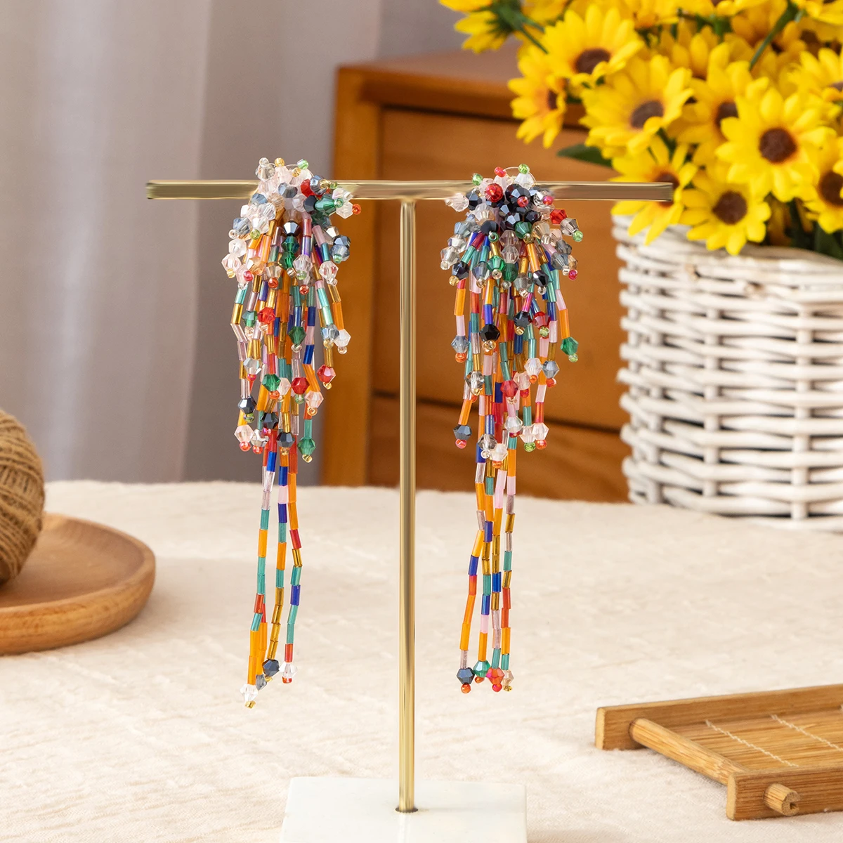 Colorful Long Tassel Beaded Earrings, Handmade Edgy Design Unique Statement Dangle Earrings