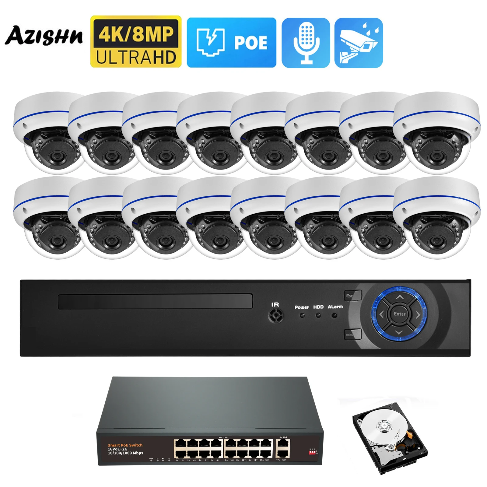 

H.265 16CH 4K 8MP 4MP Security Camera System Human Detection Audio Vandalproof Dome Metal Camera CCTV Video POE Surveillance Kit