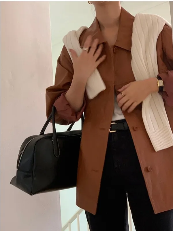 Fashionable Korean Style PU Leather Jacket Women's Long Sleeve Mid-Length Single Button Hong Kong Style Retro Luxury Coat
