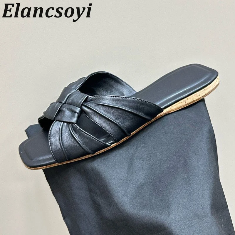 

Summer Genuine Leather Open Toed Flat Slippers Women Solid Color Simple Comfortable Home Slides Leisure Vacation Beach Shoes