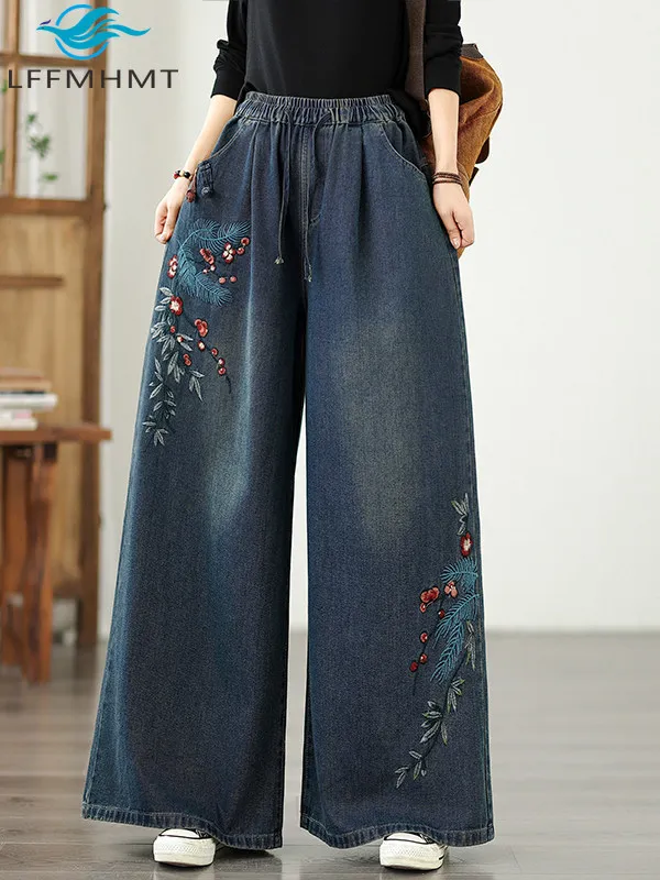 

Женские джинсы с цветочной вышивкой в китайском стиле, плотные, ручной работы, с эластичным поясом, свободные, повседневные, универсальные, широкие джинсовые брюки