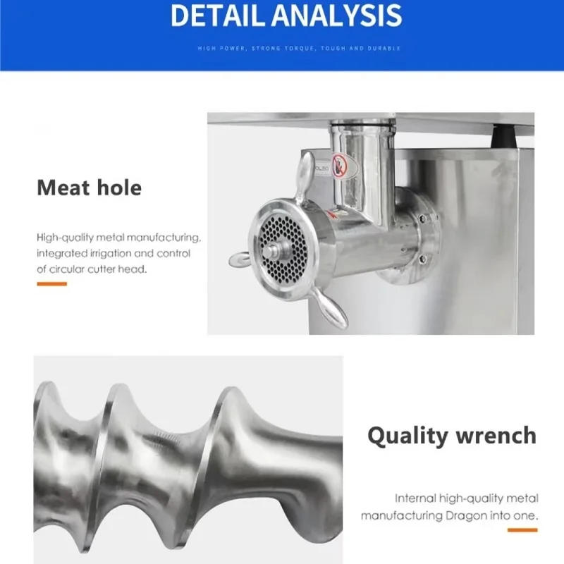 Przemysłowa i komercyjna elektryczna maszynka do przetwórstwa owoców i warzyw, siekacz do świeżej mięsa ze stali nierdzewnej.