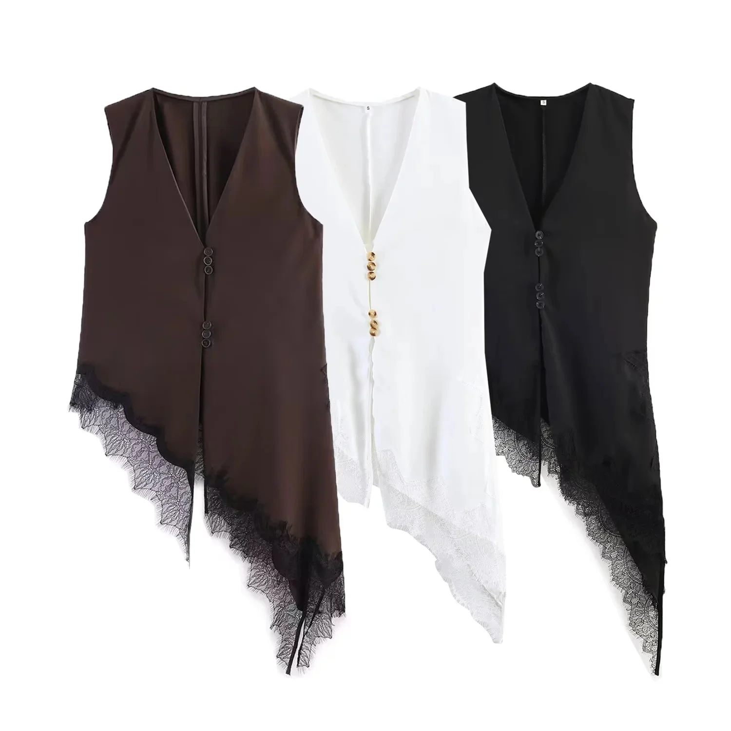 BSAY Damenmode Tanktop 2026 Frühling Sommer Neu Ärmellos V-Ausschnitt Spitzenbesatz Unregelmäßiger Saum Satin-Weste Schicke Damen-Oberteile Mujer – Detail 2