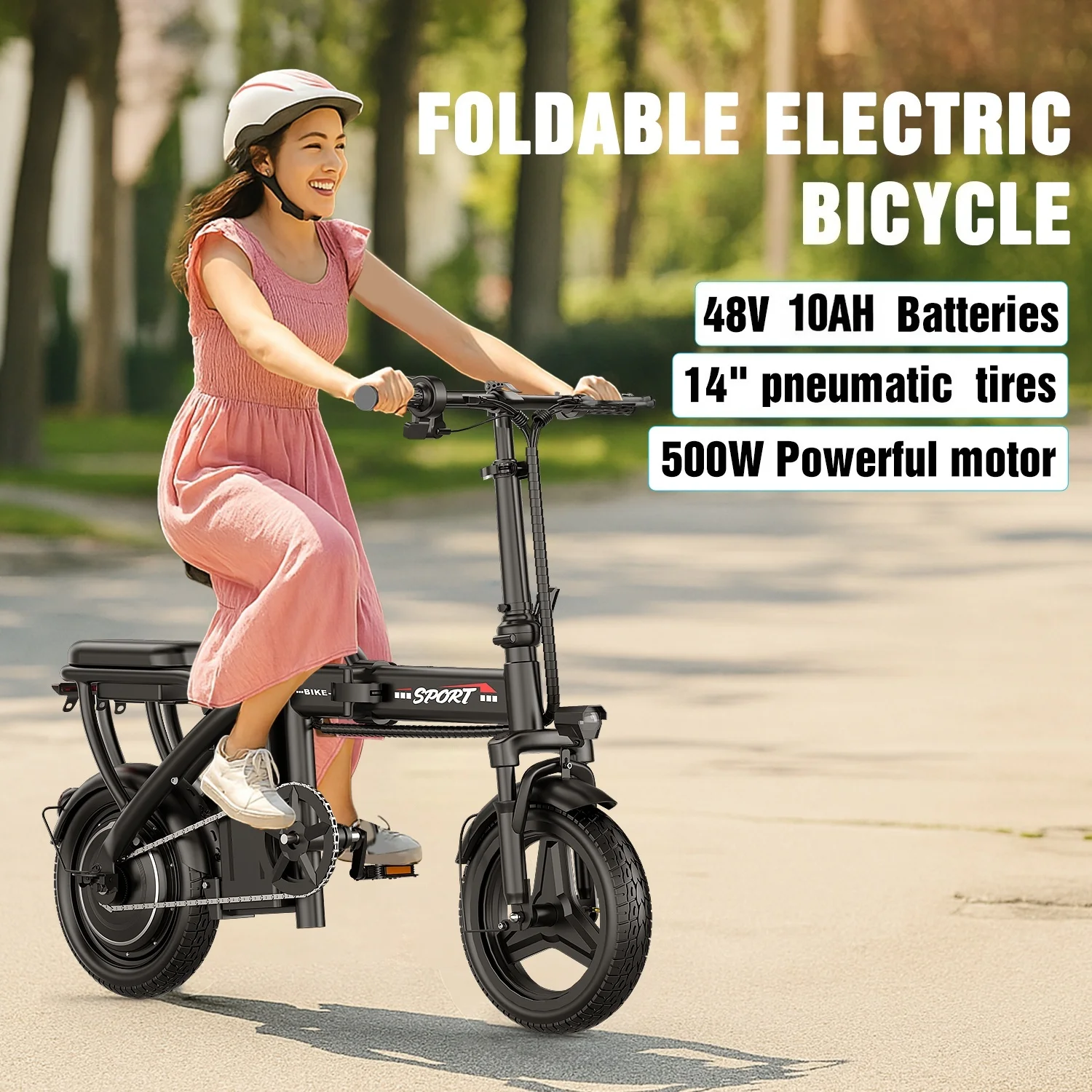 

500W Electric Bike for Adults, 48V 10AH Removable Battery, 20MPH & 25Miles, 14" Folding Motor Commuter E Bike with 3 Modes