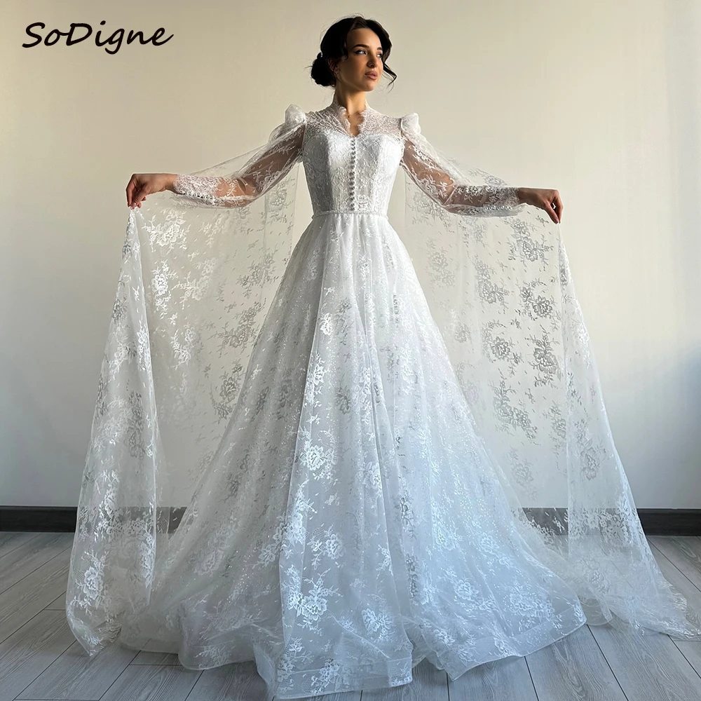 

SoDigne A-line Elegant Wedding Dresses Full Sleeves V-Neck Lace Bridal Dress 2025 Long Wedding Gown Robe De Mairee ﻿Customized