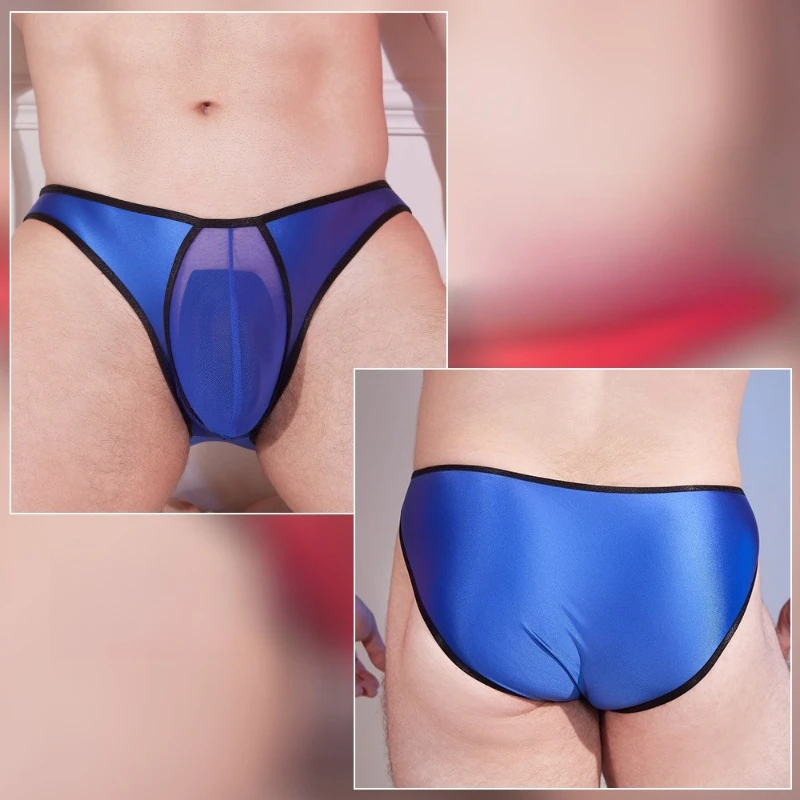 

Men's Underwear Oil Glossy Mesh Stitching Transparent U Convex Pouch Lingerie Underpants Smooth Ultra-Thin Low-Rise Panties
